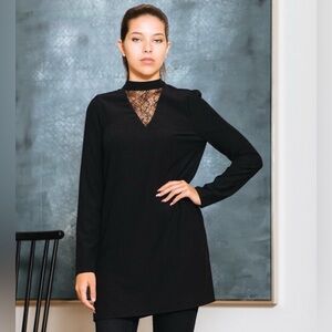 Tunic Top Black Dress With Lace Insert Long Puff Sleeve Large Ali & Jay